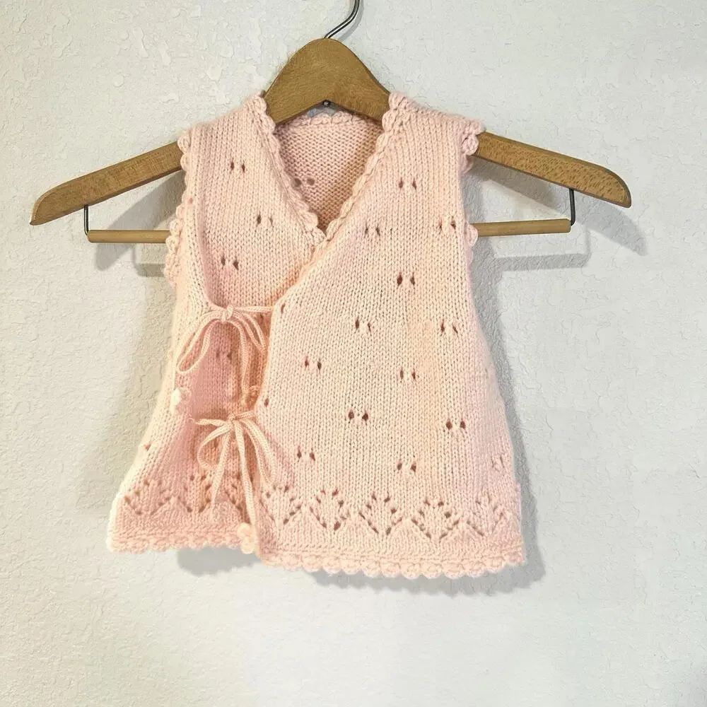 Toddler Girl Knitted Vest Pink String Closure String Eyelets Openwork Lace